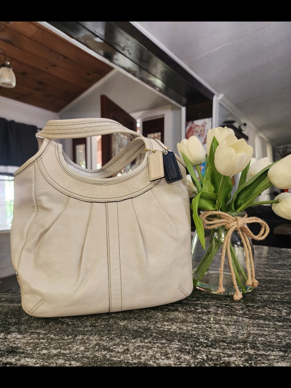 Coach Pleated Ergo Tattersall Cream Leather Shoulder Bag-2009